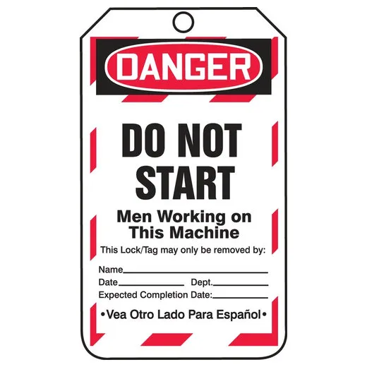 Safety Tags, DANGER DO NOT START MEN WORKING ON THIS MACHINE Bilingual Spanish, 5.75x3.25in, 25PK