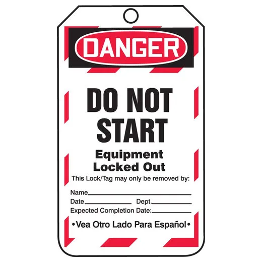 Safety Tags, DANGER DO NOT START EQUIPMENT LOCKED OUT Bilingual Spanish, 5.75in x 3.25in, 5PK