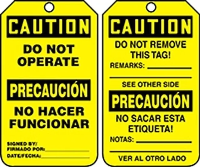 Accuform TSP626PTM Bilingual OSHA Caution Lockout Tag: Do Not Operate