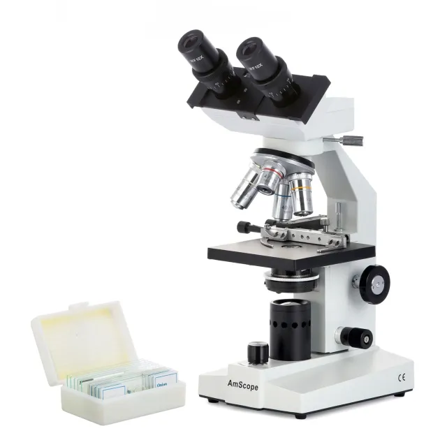 AmScope B100B-MS-PB10-E2 B100 Series Binocular Compound Microscope 40X-2000X Magnification w/ LED Ligh, Mechanical Stage and 2MP Camera and Slide Kit