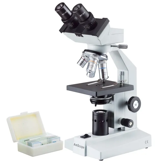 AmScope B100B-PB10-E B100 Series Biological Binocular Compound Microscope 40X-2000X Magnification w/ LED and 1MP Camera and 10pc Slide Kit