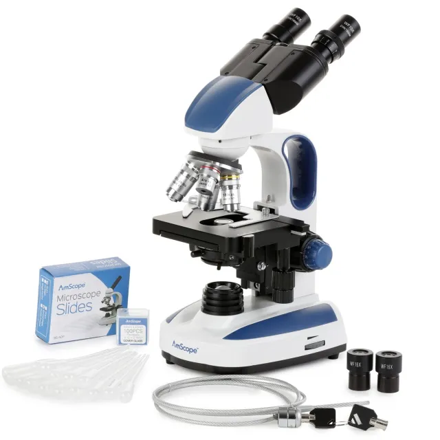AmScope B270B-KT-E12 B270 Series Advanced Student & Professional Binocular Compound Microscope 40X-2000X w/ 12MP Digital Camera, one set of 50 pack blank slides, 100 pack cover slips and 25 transfer pipettes