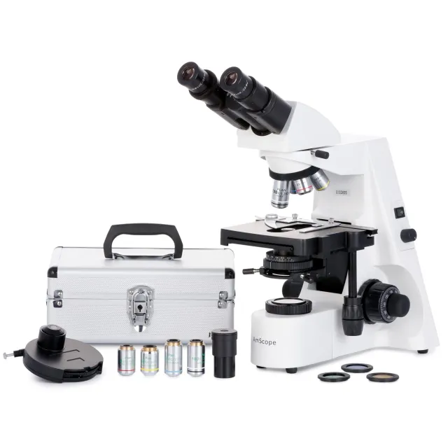 AmScope B690B-PCT-E B690 Series Infinity-Corrected Phase-Contrast Kohler Binocular Compound Microscope 40X-2000X w/ 20W Halogen, Turret Condenser, 3D Mechanical Stage and 1MP Digital Camera