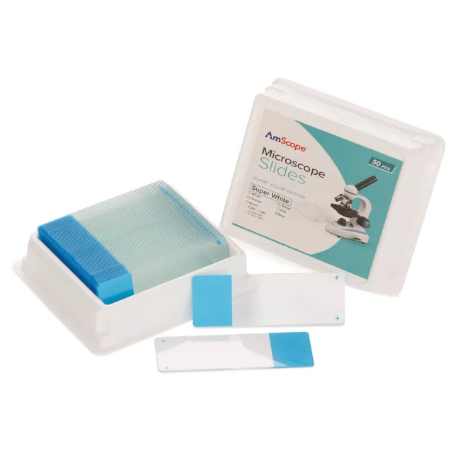 AmScope BS-FSIL50-B 50pc Blank Silane Slides with Single Frosted, Blue-Coated Side