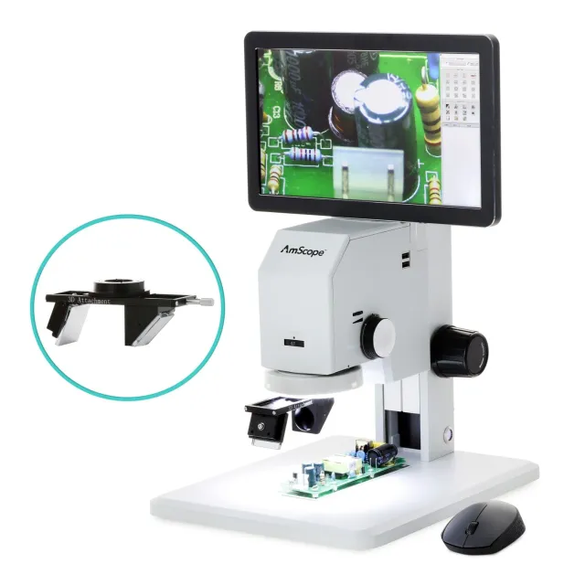 AmScope DM745-HDM11-3DR DM745 Series 3D Digital Microscope for Industrial Inspection w/ 0.7X-4.5X Magnification, 11.6"" HD Screen and 3D Rotary Viewer