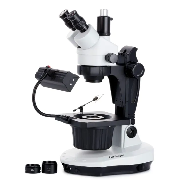 AmScope GM400T Advanced Jewel Gem Zoom Trinocular Stereo Microscope 7X-45X Magnification on Track Stand