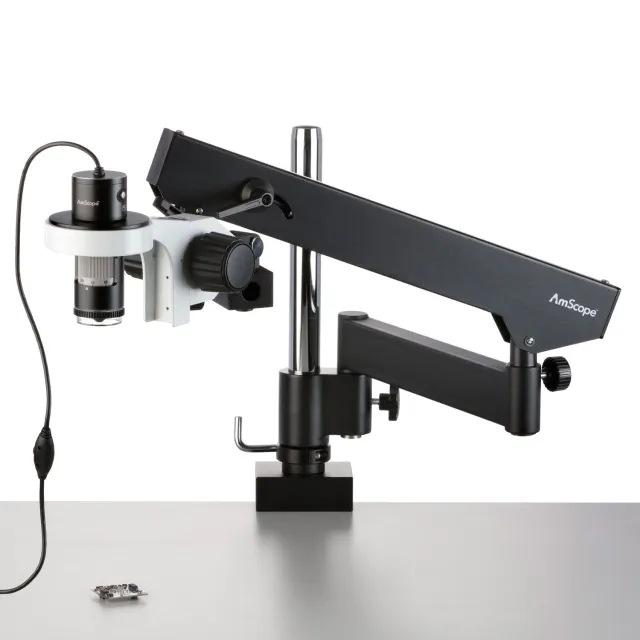 AmScope HHD5100P-ASB HHD Series Professional Handheld Digital USB Microscope w/ 10X-280X Magnification + LED Ring Illuminator + Articulating Arm Base Plate