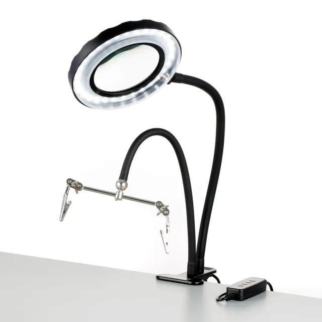 AmScope MAGLED-8090 1.75X Magnification Dual Gooseneck 4"" Diameter Lens 8W LED Clip-on Magnifying Lamp in Black w/ Circuit Board Holder