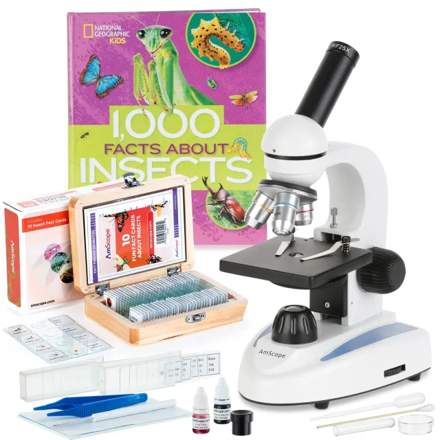 AmScope M149C-BKI-SP18-PSI M149 Series Student Kids Metal Frame Glass Optics Biological Moncluar Compound Microscope 40X-1000X Magnification with Premium Insect Exploration Kit