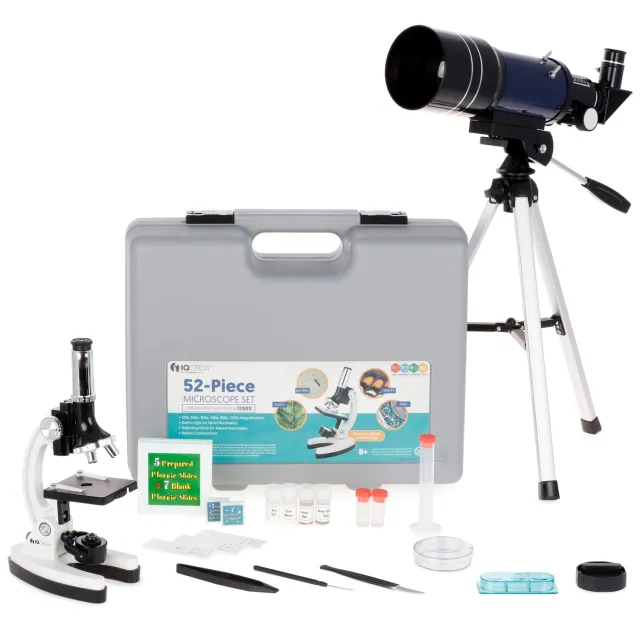 AmScope M30-ABS-KT2-W-TKVB1 IQCrew AMSCOPE-KIDS - White Metal Arm Starter Kids Compound Microscope Kit and Compact Refractor Telescope w/ Tripod