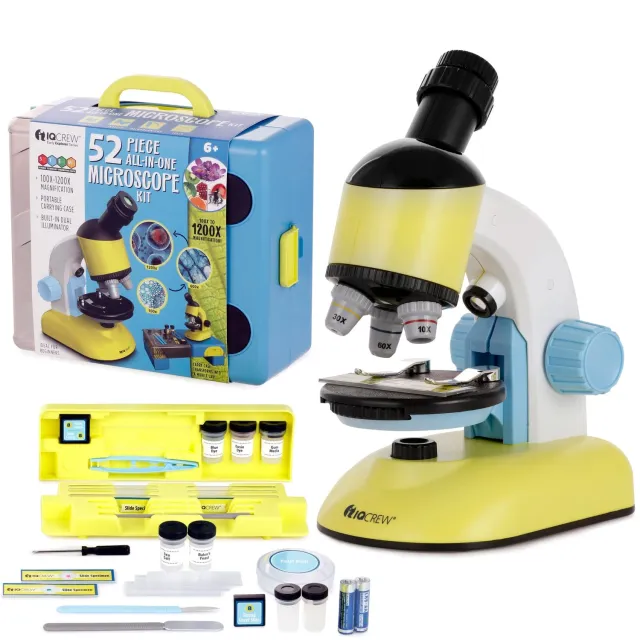 AmScope M44-KT-EXCL1 IQCrew 100X-1200X Kid's Compound Microscope Kit w/Dual LED Illuminators, Disc Condenser, Rotating Head, and Accessory Kit + Experiment Cards