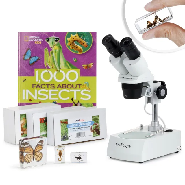 AmScope SE306R-BKI-INST-E SE306 Series Student Stereo Microscope 20X-40X Magnification w/ Premium 9pc 3D Insect Specimen Kit, Nat Geo Insect Book and Optional Digital Camera