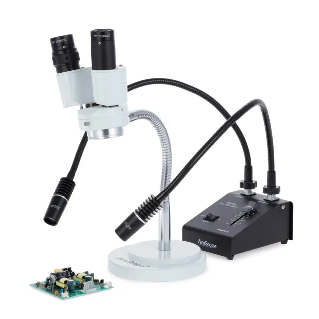 AmScope SE508-L6W-E12 Compact Binocular Stereo Microscope 8X Magnification on Gooseneck Stand w/ 6W LED Dual-Gooseneck Light + 12MP Digital Eyepiece