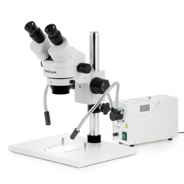 AmScope SM-1B-FOD-10M3 Zoom Binocular Stereo Microscope w/ 7X-45X Magnification w/ 150W Halogen Dual Gooseneck Lights and 10MP USB 3.0 C-mount Camera on Pillar-stand w/ Large Base
