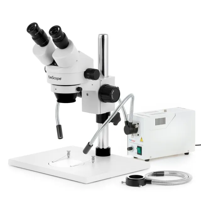 AmScope SM-1BY-FODR-8M SM-1 Series Zoom Binocular Stereo Microscope 7X-90X w/ 150W Halogen Dual Gooseneck & Ring Lights and 8MP USB 2.0 C-mount Camera on Pillar-stand w/ Large Base