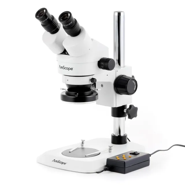 AmScope SM-1BN-144A Zoom Binocular Stereo Microscope 7X-45X Magnification w/ Multi-Zone 144 LED on Compact Pillar Stand