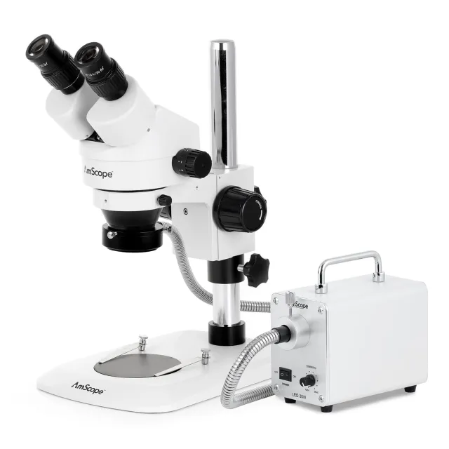 AmScope SM-1BN-30WR-8M Zoom Binocular Stereo Microscope 7X-45X Magnification w/ 30W LED Fiber Optic Ring Light and 8MP USB 2.0 C-mount Camera on Compact Pillar Stand