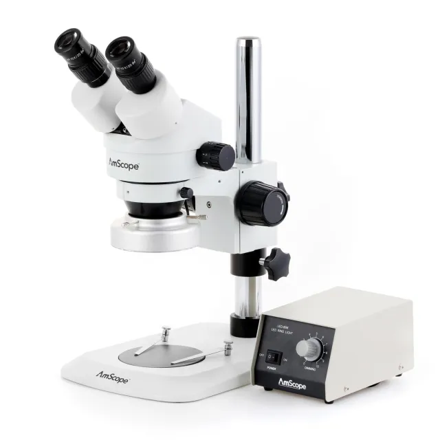 AmScope SM-1BNX-80M SM-1 Series Zoom Binocular Stereo Microscope w/ HD 80 LED Ring Light and Optional Digital Camera on Compact Pillar Stand