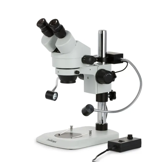 AmScope SM-1BN-8W 7X-45X Binocular Stereo Zoom Microscope w/8W LED Dual Gooseneck on Compact Pillar Stand