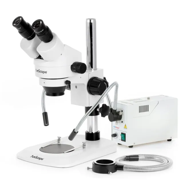 AmScope SM-1BN-FODR-M Zoom Binocular Stereo Microscope 7X-45X Magnification w/ 150W Halogen Dual Gooseneck & Ring Lights and 1.3MP USB 2.0 C-mount Camera on Compact Pillar Stand