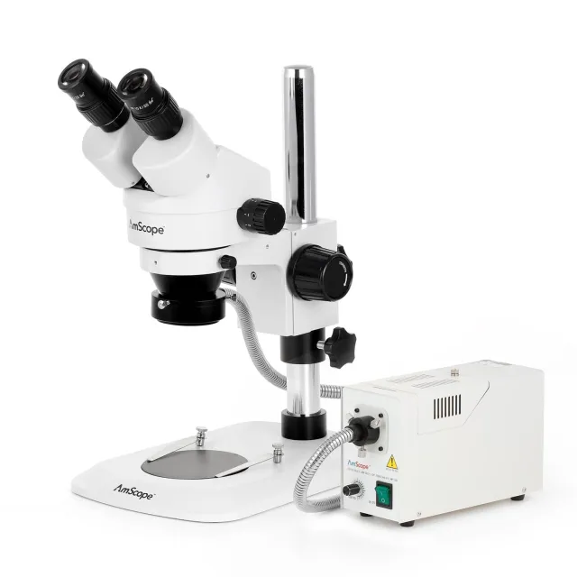 AmScope SM-1BNZ-FOR-5M Digital Enabled Binocular Stereo Microscope, 90X Magnification, Fiber-Optic Ring Light Source 5MP Camera on a Pillar Stand