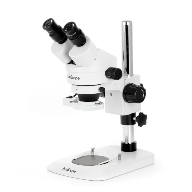 AmScope SM-1BN-FRL Zoom Binocular Stereo Microscope 7X-45X Magnification w/ 8W Fluorescent Ring Light on Compact Pillar Stand