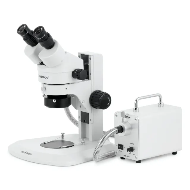 AmScope SM-1BRYY-30WR-3M SM-1 Series Super Widefield Zoom Binocular Stereo Microscope 7X-135X w/ 30W LED Fiber Optic Ring Light and 3MP USB 2.0 C-mount Camera on Track Stand