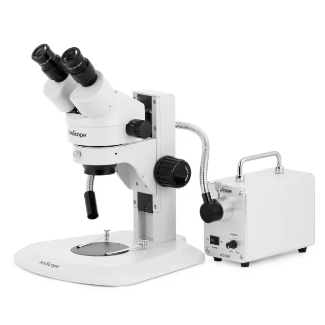 AmScope SM-1BRZZ-30WS-10M SM-1 Series Super Widefield Zoom Binocular Stereo Microscope 3.5X-180X w/ 30W LED Fiber Optic Single Gooseneck Light and 10MP USB 2.0 C-mount Camera on Track Stand