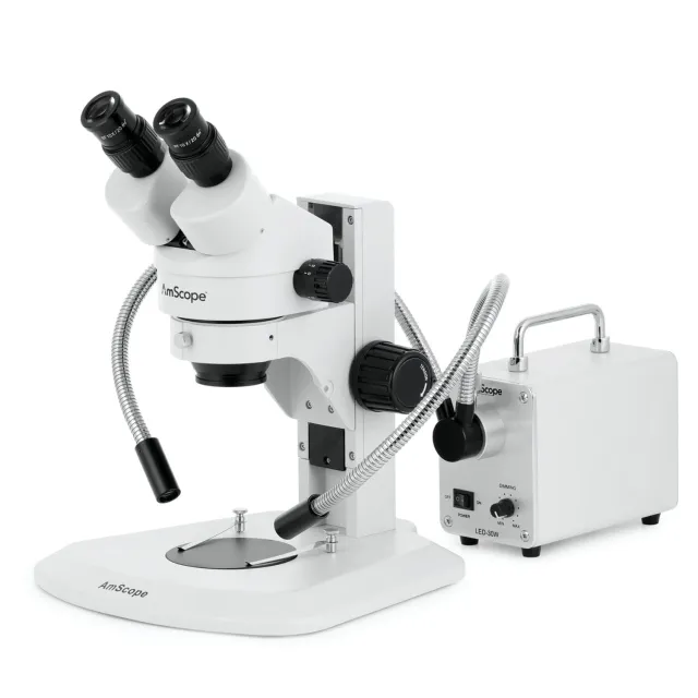 AmScope SM-1BRY-30WY SM-1 Series Super Widefield Zoom Binocular Stereo Microscope 7X-90X Magnification w/ 30W LED Double Gooseneck Fiber Optic Lights on Track Stand
