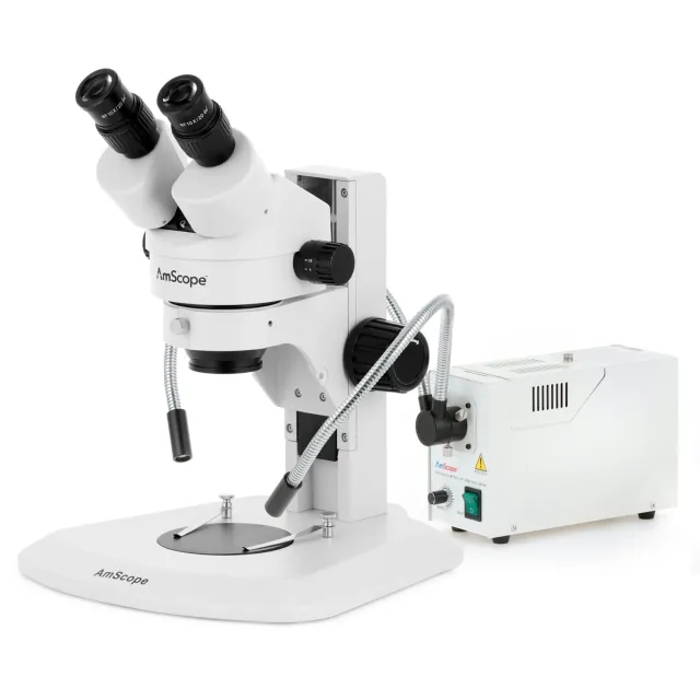 AmScope SM-1BRY-FOD-8M Digital Enabled Binocular Stereo Microscope with 90X, Dual Fiber-Optic Gooseneck Light USB 2.0 8MP Camera on a Track Stand