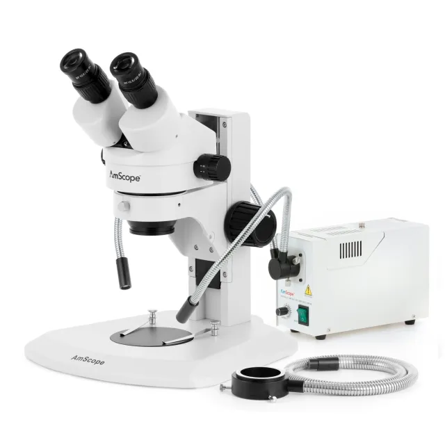 AmScope SM-1BRX-FODR SM-1 Series Super Widefield Zoom Binocular Stereo Microscope 3.5X-45X Magnification w/ 150W Halogen Dual Gooseneck & Ring Lights on Track Stand