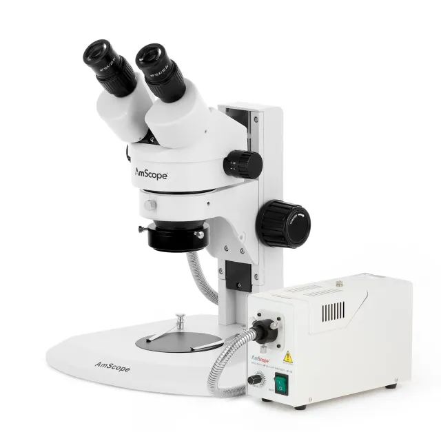 AmScope SM-1BRY-FOR SM-1 Series Super Widefield Zoom Binocular Stereo Microscope 7X-90X Magnification w/ 150W Halogen Ring Light on Track Stand