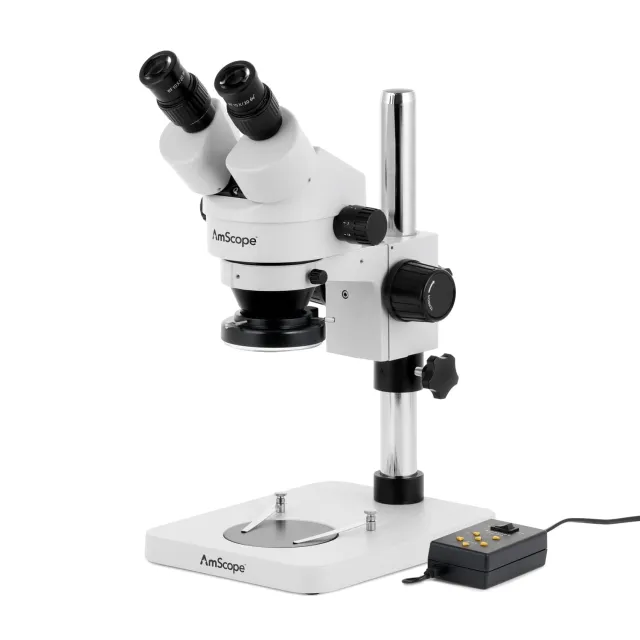 AmScope SM-1BSY-144A SM-1 Series Inspection and Dissecting Zoom Binocular Stereo Microscope 7X-90X Magnification w/ Multi-Zone 144 LED on Compact Pillar Stand
