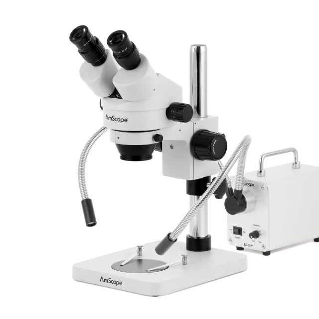 AmScope SM-1BSX-30WY SM-1 Series Inspection and Dissecting Zoom Binocular Stereo Microscope 3.5X-45X w/ 30W LED Double Gooseneck Fiber Optic Lights on Compact Pillar Stand