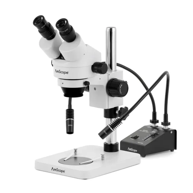 AmScope SM-1BSY-L6W SM-1 Series Inspection and Dissecting Zoom Binocular Stereo Microscope 7X-90X w/ 6W Dual-Gooseneck LED Illuminator on Compact Pillar Stand