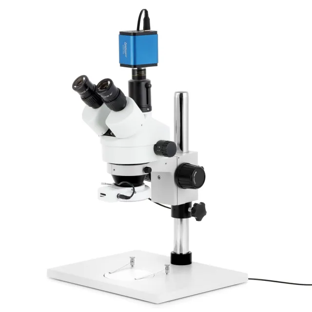 AmScope SM-1TR-64S-HD22 SM-1 Series Zoom Trinocular Stereo Microscope 7X-45X Magnification w/ 64 LED Compact Ring Light and 2MP HDMI CMOS C-Mount Camera on Track Stand