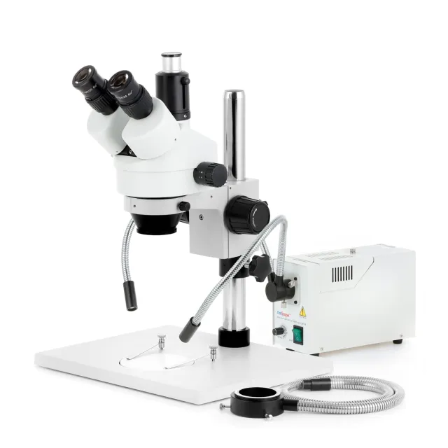 AmScope SM-1TY-FODR-10M3 SM-1 Series Zoom Trinocular Stereo Microscope 7X-90X w/ 150W Halogen Dual Gooseneck & Ring Lights and 10MP USB 3.0 C-mount Camera on Pillar Stand w/ Extra Large Base Plate