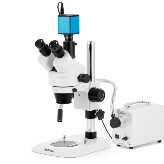 AmScope SM-1TNYY-30WS-AF2 SM-1 Series Industrial Inspection Zoom Trinocular Stereo Microscope 7X-135X w/ 30W LED Fiber Optic Single Gooseneck Light and 1080P 2MP HDMI Auto-focus Camera on Pillar Stand w/ Small Base