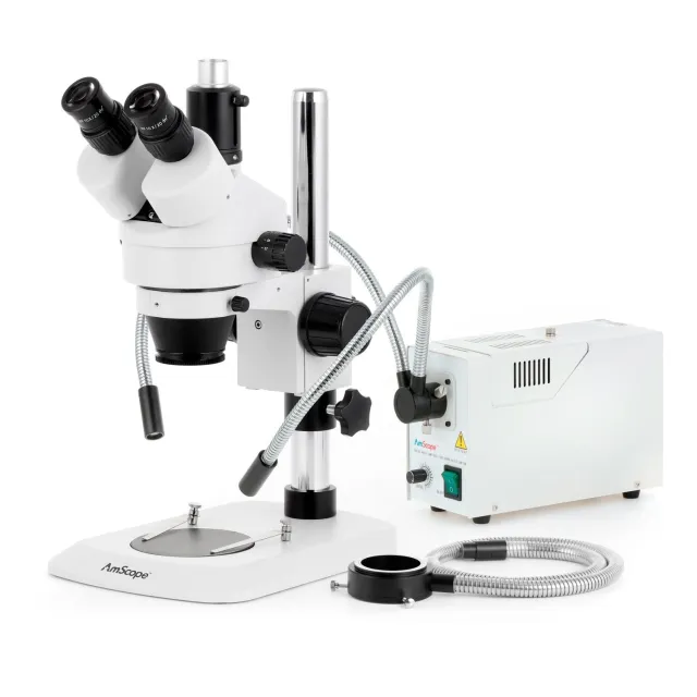 AmScope SM-1TNY-FODR-10M3 SM-1 Series Industrial Inspection Zoom Trinocular Stereo Microscope 7X-90X w/ 150W Halogen Dual Gooseneck & Ring Lights and 10MP USB 3.0 C-mount Camera on Pillar Stand w/ Small Base