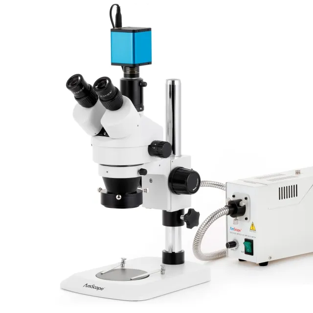 AmScope SM-1TNZ-FOR-AF25 SM-1 Series Industrial Inspection Zoom Trinocular Stereo Microscope 3.5X-90X w/ 150W Halogen Ring Light and 1080P 5MP HDMI Auto-focus Camera on Pillar Stand w/ Small Base