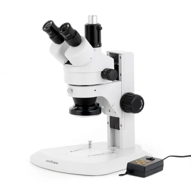 AmScope SM-1TRY-144A-18M3 SM-1 Series Zoom Trinocular Stereo Microscope 7X-90X Magnification w/ Multi-Zone 144 LED and 18MP USB 3.0 C-mount Camera on Track Stand