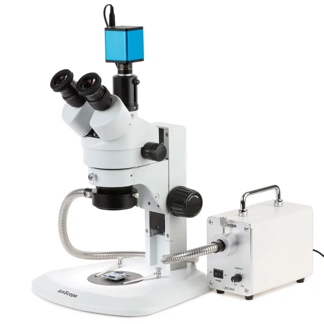 AmScope SM-1TRZZ-30WR-AF25 SM-1 Series Zoom Trinocular Stereo Microscope 3.5X-180X w/ 30W LED Fiber Optic Ring Light and 1080P 5MP HDMI Auto-focus Camera on Track Stand