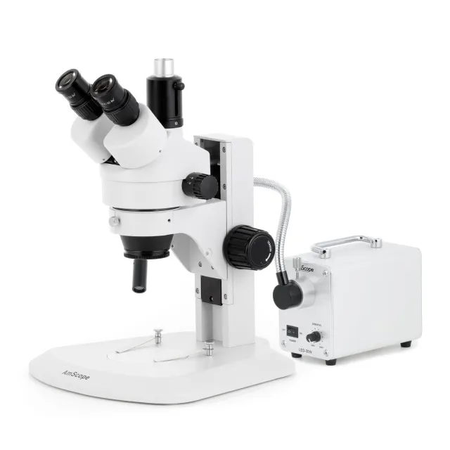 AmScope SM-1TRY-30WS-10M3 SM-1 Series Zoom Trinocular Stereo Microscope 7X-90X w/ 30W LED Fiber Optic Single Gooseneck Light and 10MP USB 3.0 C-mount Camera on Track Stand