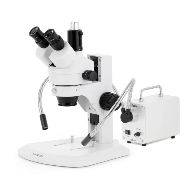 AmScope SM-1TRZ-30WY-3M SM-1 Series Zoom Trinocular Stereo Microscope 3.5X-90X w/ 30W LED Double Gooseneck Fiber Optic Lights and 3MP USB 2.0 C-mount Camera on Track Stand