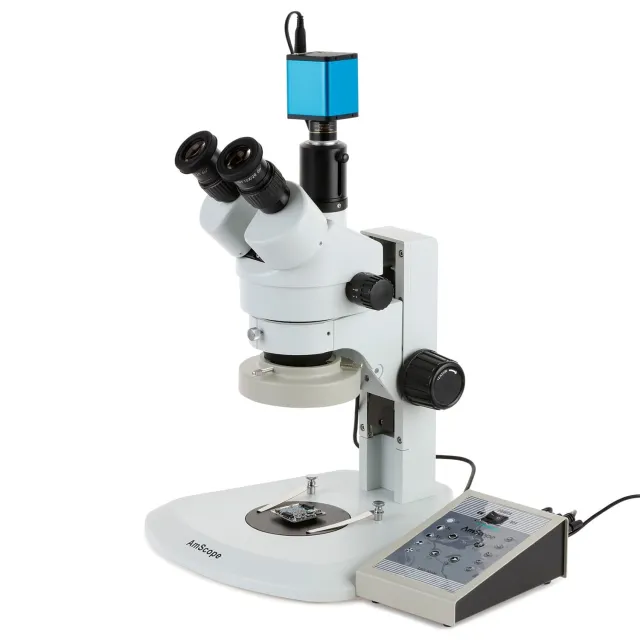 AmScope SM-1TRZZ-80AM-AF25 SM-1 Series Zoom Trinocular Stereo Microscope 3.5X-180X w/ 80 LED Direction Variable Ring Light and 1080P 5MP HDMI Auto-focus Camera on Track Stand