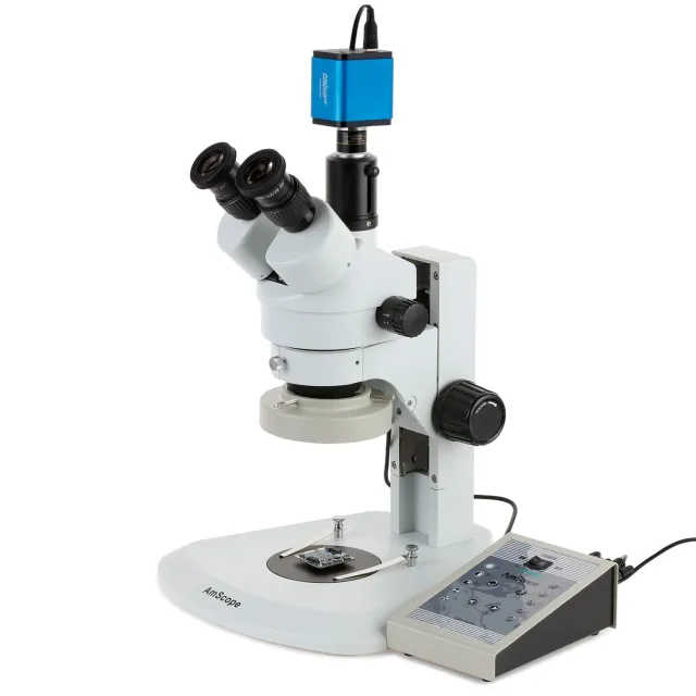 AmScope SM-1TRZ-80AM-HD22 SM-1 Series Zoom Trinocular Stereo Microscope 3.5X-90X w/ 80 LED Direction Variable Ring Light and 2MP HDMI CMOS C-Mount Camera on Track Stand