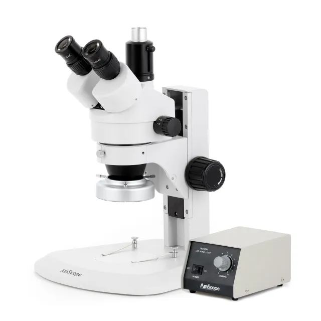 AmScope SM-1TRZ-80M-8M SM-1 Series Zoom Trinocular Stereo Microscope 3.5X-90X Magnification w/ HD 80 LED Ring Light and 8MP USB 2.0 C-mount Camera on Track Stand