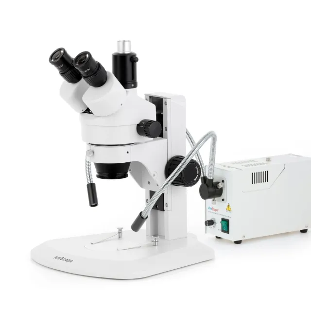 AmScope SM-1TR-FOD SM-1 Series Zoom Trinocular Stereo Microscope 7X-45X Magnification with 150W Gooseneck Lights on Track Stand