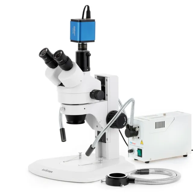 AmScope SM-1TRZ-FODR-HD22 SM-1 Series Zoom Trinocular Stereo Microscope 3.5X-90X w/ 150W Halogen Dual Gooseneck & Ring Lights and 2MP HDMI CMOS C-Mount Camera on Track Stand