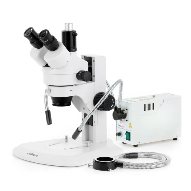 AmScope SM-1TRZZ-FODR-5M3 SM-1 Series Zoom Trinocular Stereo Microscope 3.5X-180X w/ 150W Halogen Dual Gooseneck & Ring Lights and 5MP USB 3.0 C-mount Camera on Track Stand